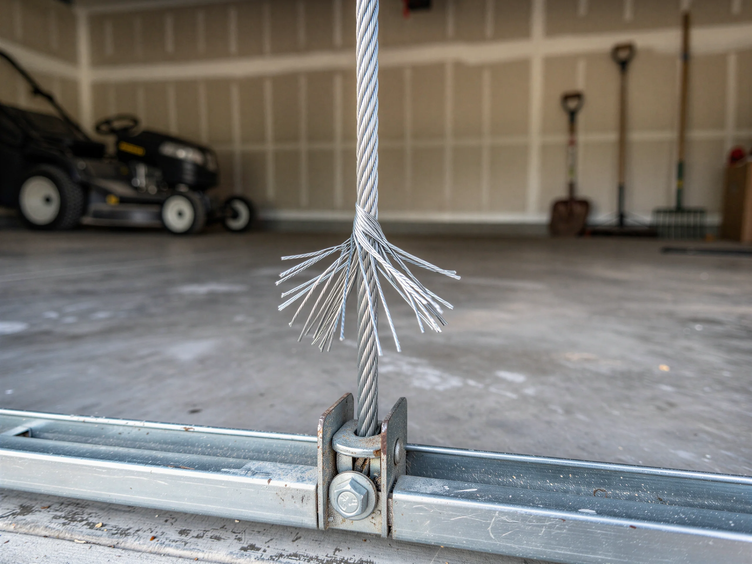 A frayed garage door cable is attached to a metal bracket.