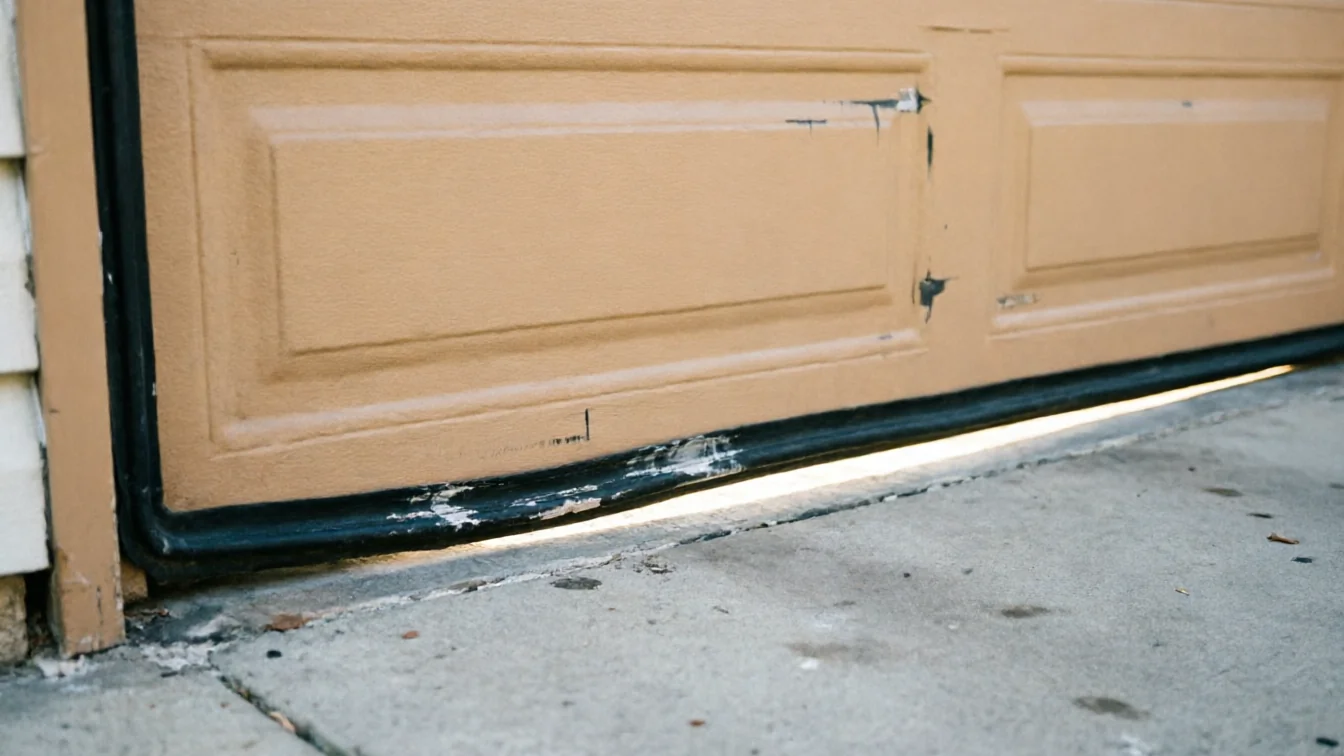 The bottom of a tan garage door has a gap and damaged weather stripping.