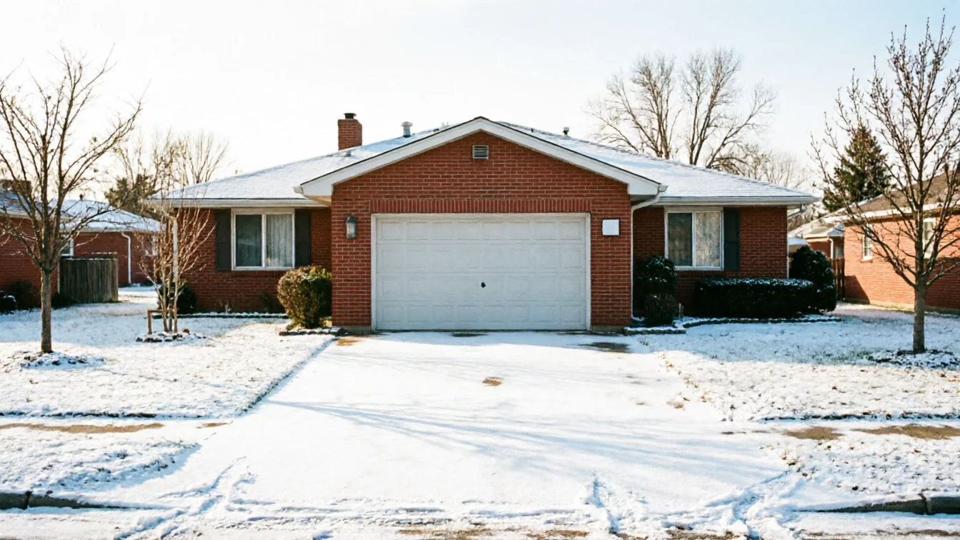 A red brick house with a white garage door and a snow-covered yard.