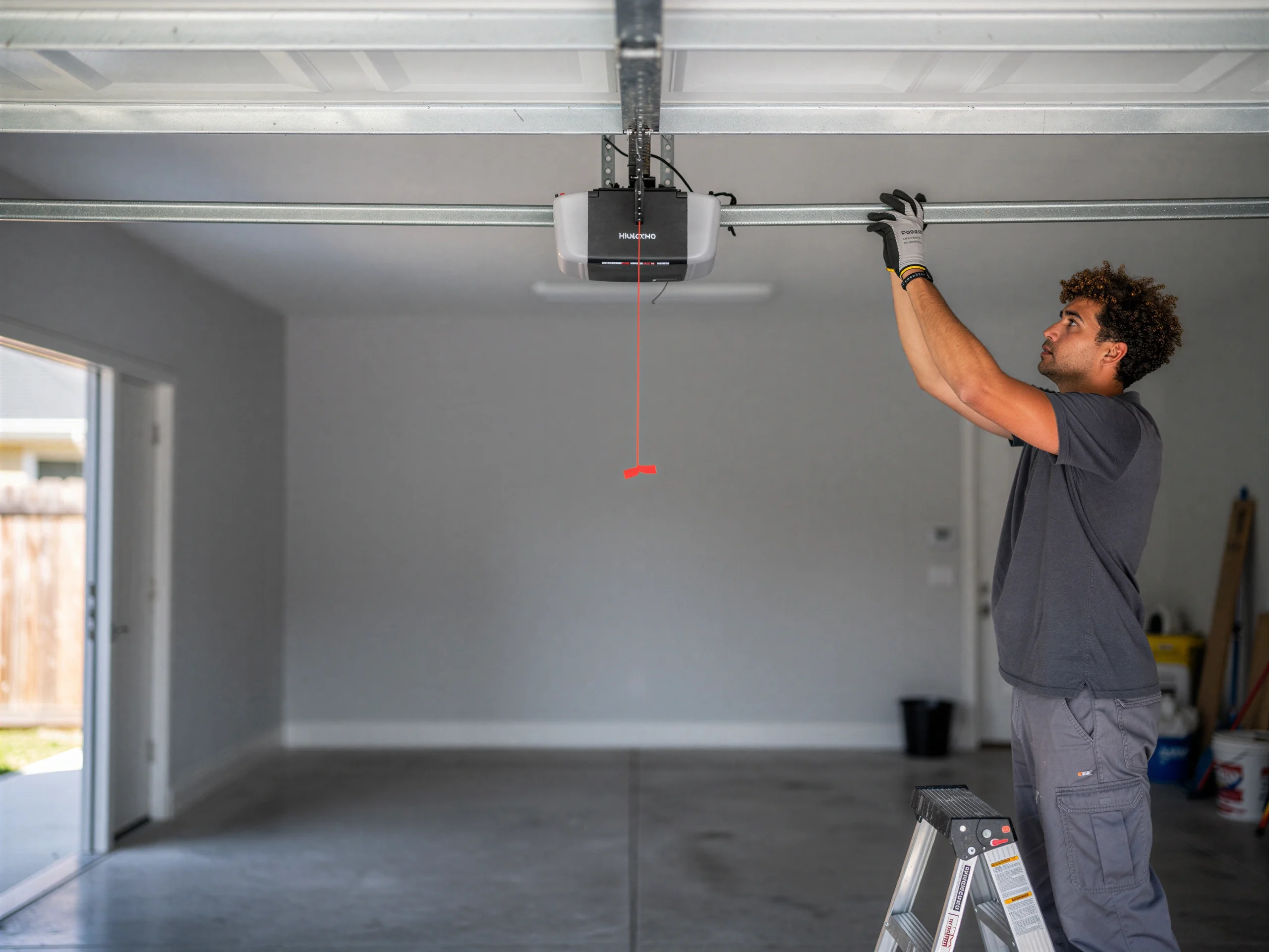 A technician on a ladder installs a garage door opener in a new garage.
