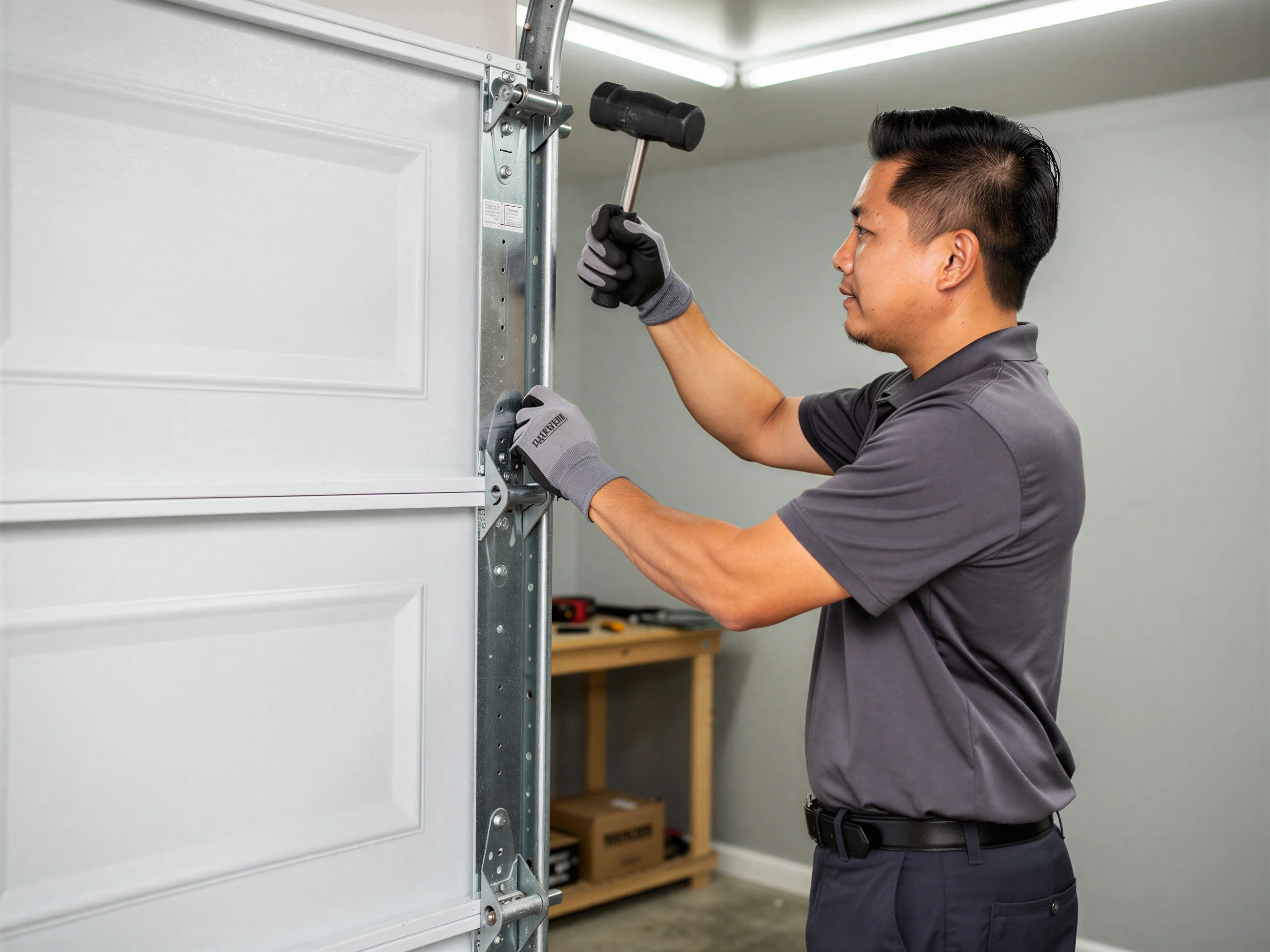 A technician in gloves uses a hammer on a white garage door.